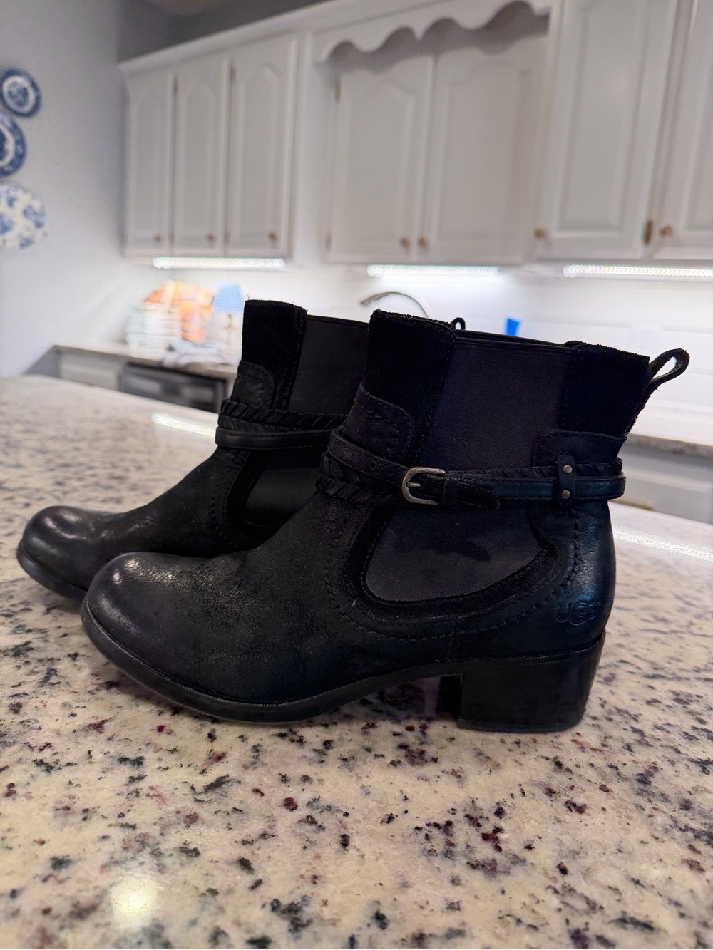 UGG Black Leather & Suede Ankle Boots with Buckle Strap